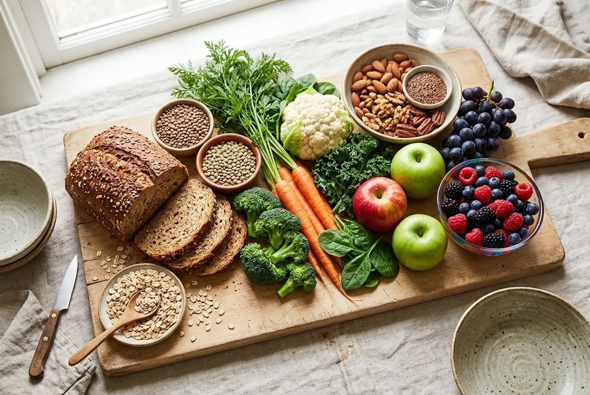 BILD – fiberrika livsmedel: havre, bönor, grönsaker, frukt